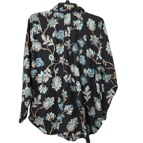 Chico’s Black Floral No Iron Cotton Stretch Button Down Tunic Blouse New Size 10 - Picture 4 of 14